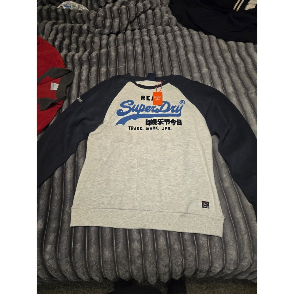 Superdry Mens XL Raglan Crewneck Sweatshirt Grey Navy Real Superdry Logo NWT